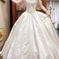 Ivory Vintage Satin Ball Gown Wedding Prom Dress, Strapless 3D Floral Trim, Beaded Embroidered Bodice, A‑Line Long Train gh8694