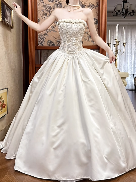 Ivory Vintage Satin Ball Gown Wedding Prom Dress, Strapless 3D Floral Trim, Beaded Embroidered Bodice, A‑Line Long Train gh8694