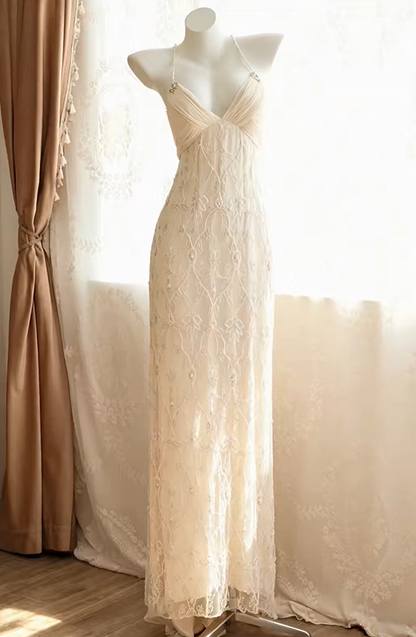 Ivory Lace Long Prom Dress, Spaghetti Straps, V-Neck, Hand-Beaded Tulle Vintage Long Formal Gown gh9570