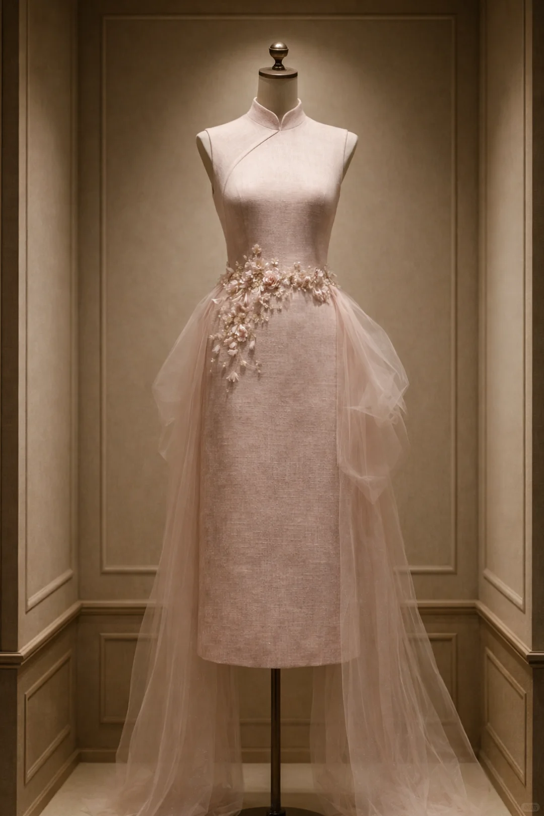 ✨Girlhomeshops-Blush Pink Sleeveless Qipao with 3D Floral and Detachable Tulle Overlay gh10521