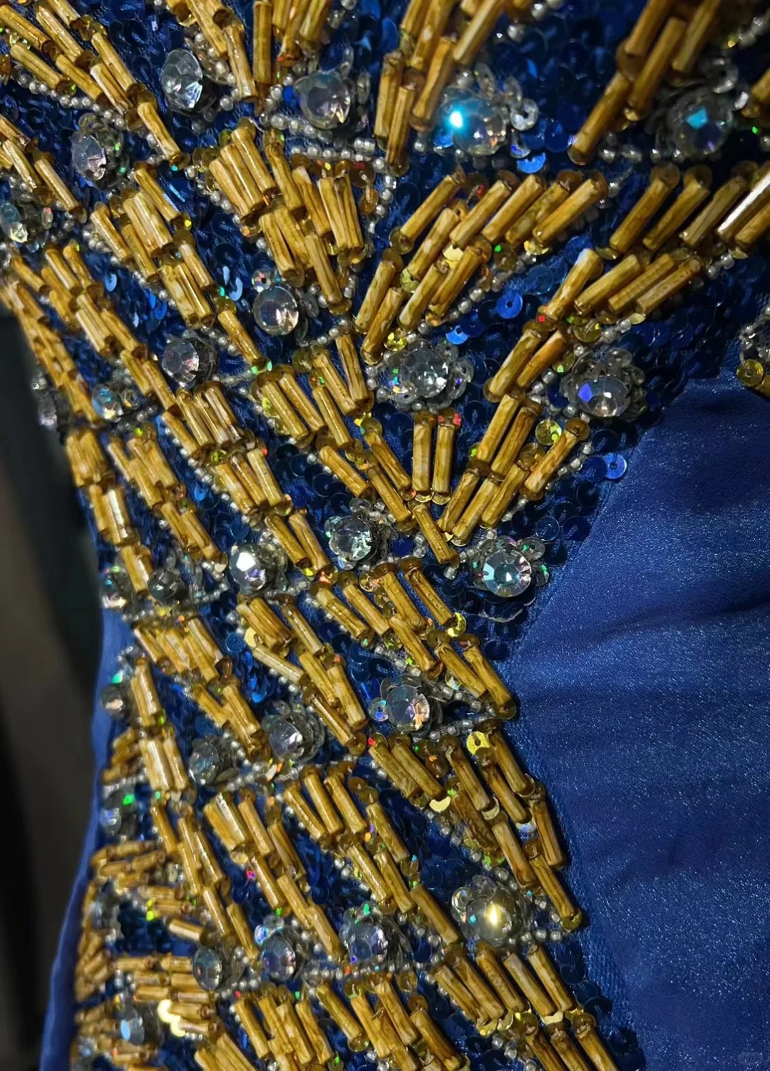 ✨Girlhomeshops-Royal Blue Cap Sleeve Gold Beaded Chiffon Gown Sweep Train gh10150