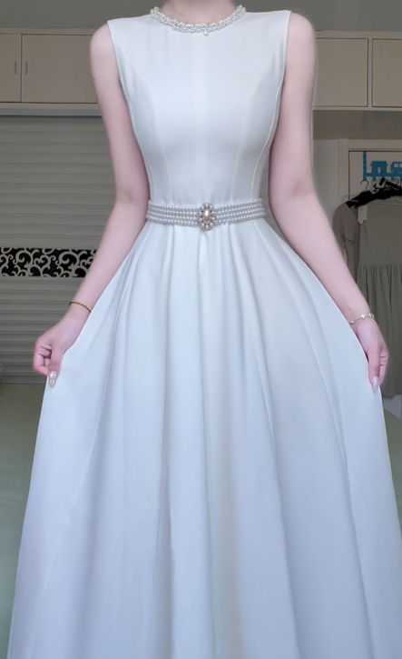 Ivory Satin Sleeveless Long Evening Gown, Pearl Trim Round Neck Beaded Waistband A‑Line Prom Dress for Wedding Banquet gh8963