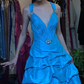 Turquoise Halter Deep V Long Formal Gown Rhinestone Tiered Ruffle Satin Ball Gown gh9657