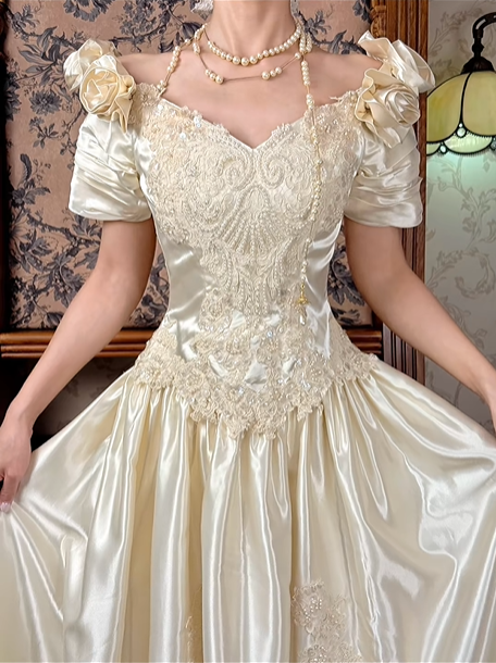 Light Apricot Rose Floral Neckline Fitted Waist Vintage Beaded Full Flared Skirt Long Prom Gown, Wedding Dress gh8598