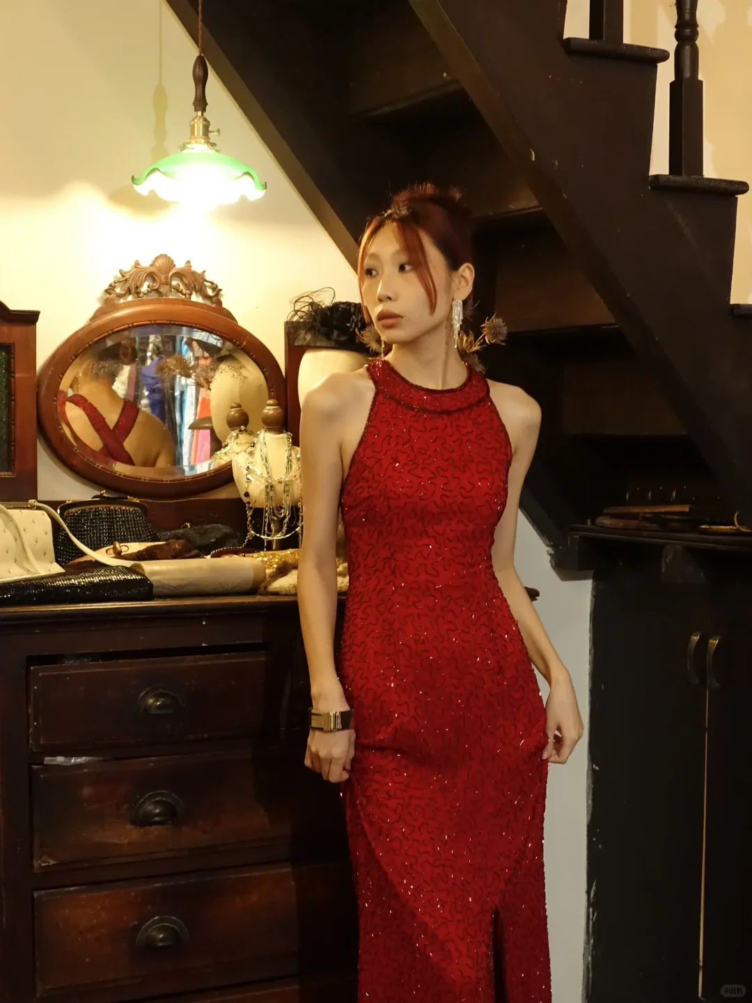 Red Halter Mermaid Prom Dress Hand Beaded Sequin Front Slit Long Evening Gown gh9861