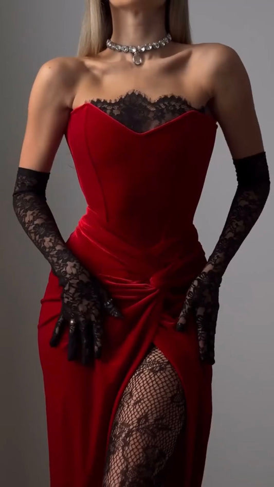 Girlhomeshops--Red and black exquisite lace sexy slit long prom dress gh5469