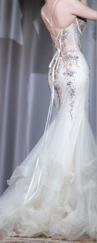 ✨Girlhomeshops-Ivory Corset Mermaid Wedding Dress Beaded Rhinestone Ruffle Tulle Prom Gown gh9988