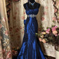 Blue Vintage Elegant Satin Spaghetti Strap Long Ball Gown Evening Dress gh3043