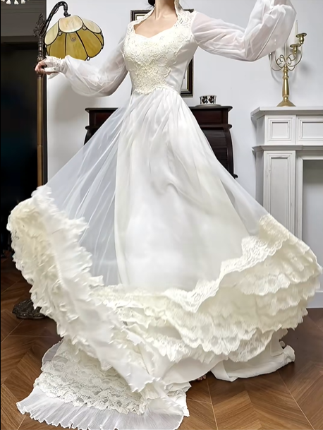 Ivory Vintage Frilled Collar Lantern Sleeve Multi‑Layer Lace‑Ruffle Long Train Wedding Dress gh8764