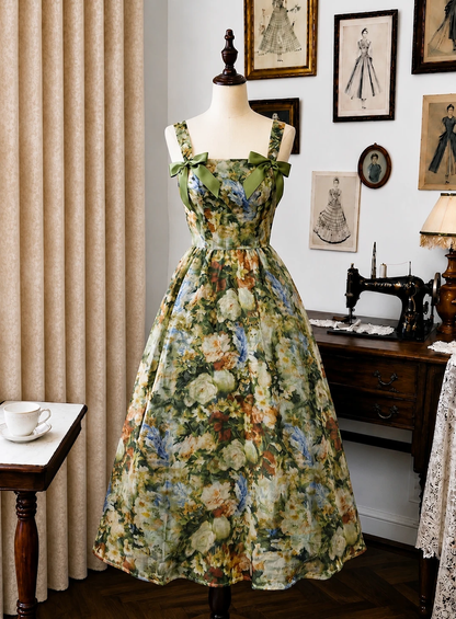 Oil‑Painting Floral Vintage Midi Dress, Square Neck Wide Straps With Olive‑Green Bows High Waist A‑Line Swing Skirt Garden Party Gown gh9098