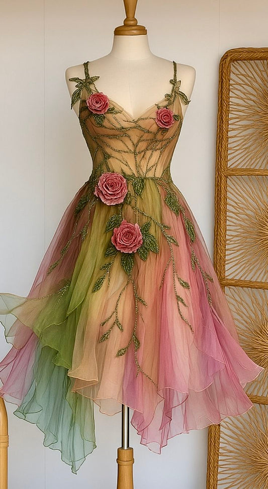 Rosa Fee Farbverlauf Blumen kurzes Chiffon Ballkleid Homecoming Kleid Geburtstagskleid gh4627