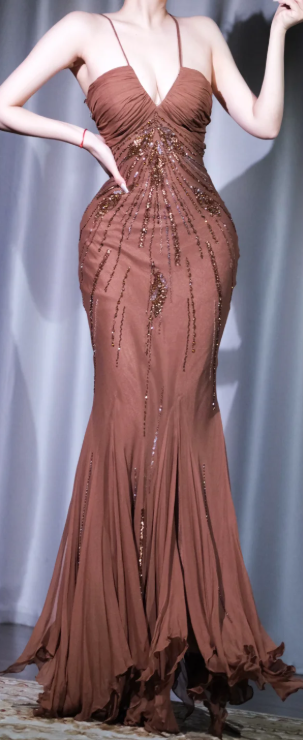 ✨Girlhomeshops-Coffee Beaded Mermaid Evening Gown Spaghetti Strap Deep V High Slit gh10122