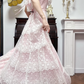 Light Pink Vintage Lace Prom Gown, Off‑The‑Shoulder Lace Ruffle Short Sleeves, Fitted Waist Long Lace Flared Skirt, Ruffled Lace Hem, Evening Prom Dress gh8737