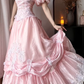 Pink‑Vintage‑Ball‑Gown Square‑Neck‑Puff‑Sleeves White‑Lace‑Appliqué‑Bodice Satin‑Voluminous‑Princess‑Skirt 3D‑Lace‑Bow‑Details Rococo‑Prom‑Bridal‑Evening‑Dress gh8850