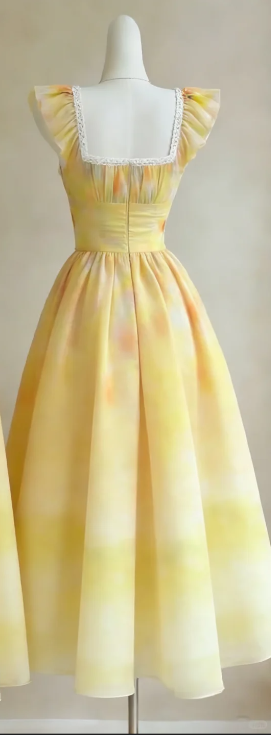 Square Neck Yellow Chiffon Homecoming Dress Ruffle Cap Sleeves Watercolor Print A-Line Midi Formal Gown gh9483