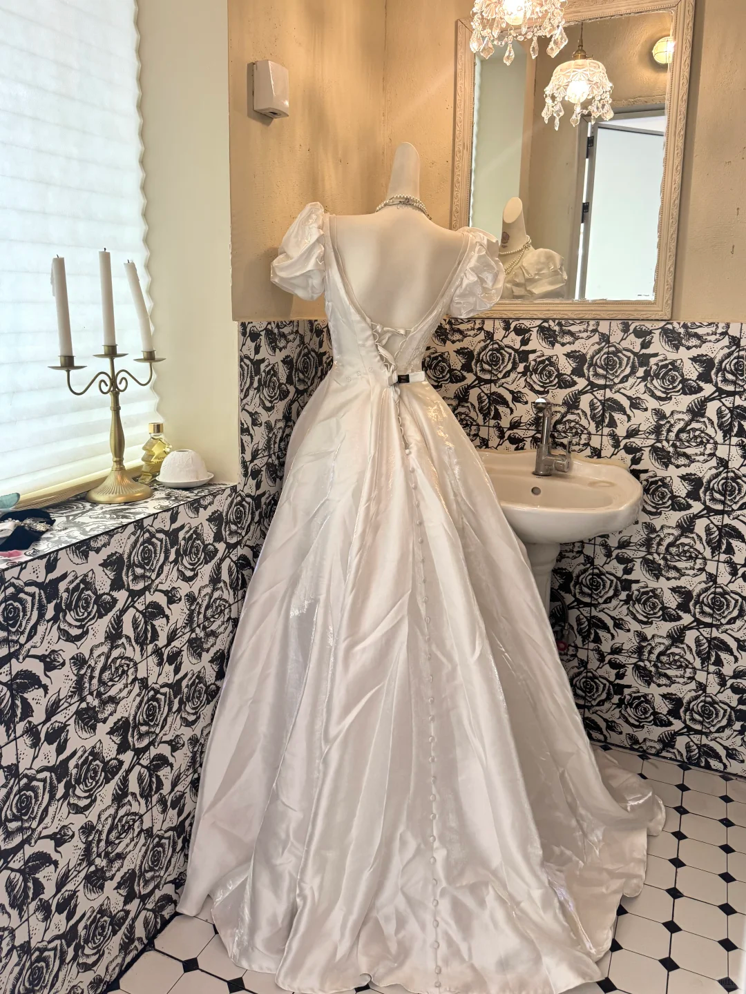 White Puff Sleeve Square Neck Satin Waist-Cinched Fitted Full Flared Romantic Dress, Wedding Gown gh7544