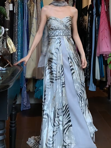 Zebra Print Strapless Long Formal Gown Rhinestone Beaded Waist Chiffon Split Prom Dress gh9636