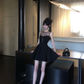 Women Elegant Black Mesh Homecoming Dress Sheer Round Neck Heart Cutout Boned Waist A-Line Flare Short Party Gown gh9439