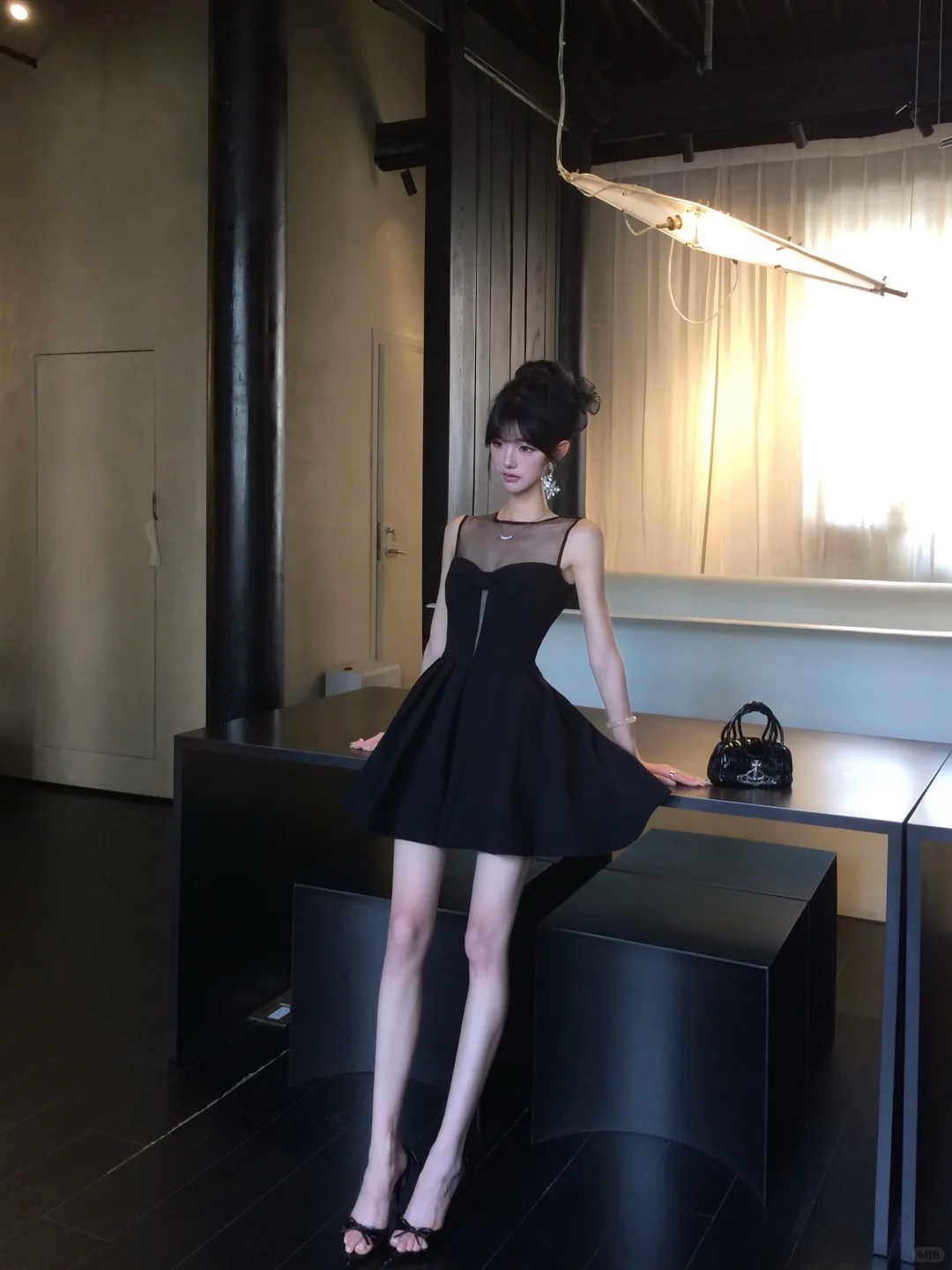 Women Elegant Black Mesh Homecoming Dress Sheer Round Neck Heart Cutout Boned Waist A-Line Flare Short Party Gown gh9439