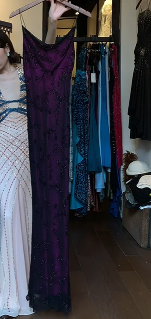 Dark Purple Ombre Spaghetti Straps Evening Gown Cowl Neck Hand Beaded Sheath Long Prom Dress gh9727