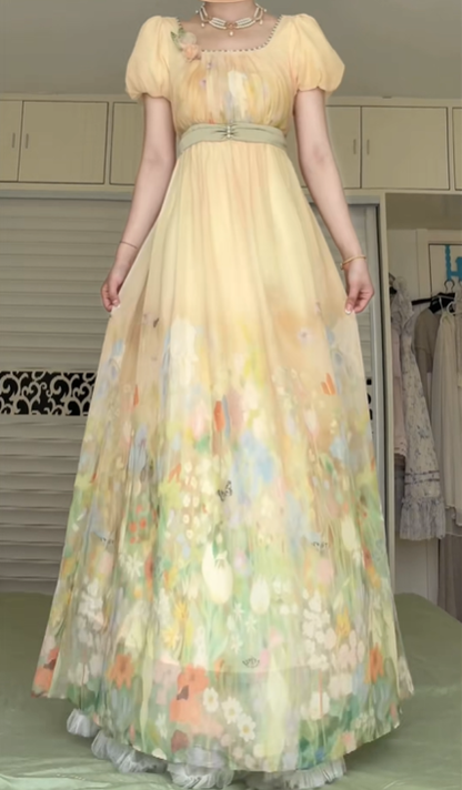 Pale Yellow Square Neck Puff Short Sleeve Ball Gown, Watercolor Floral Print Tulle Long Formal Prom Dress gh9013