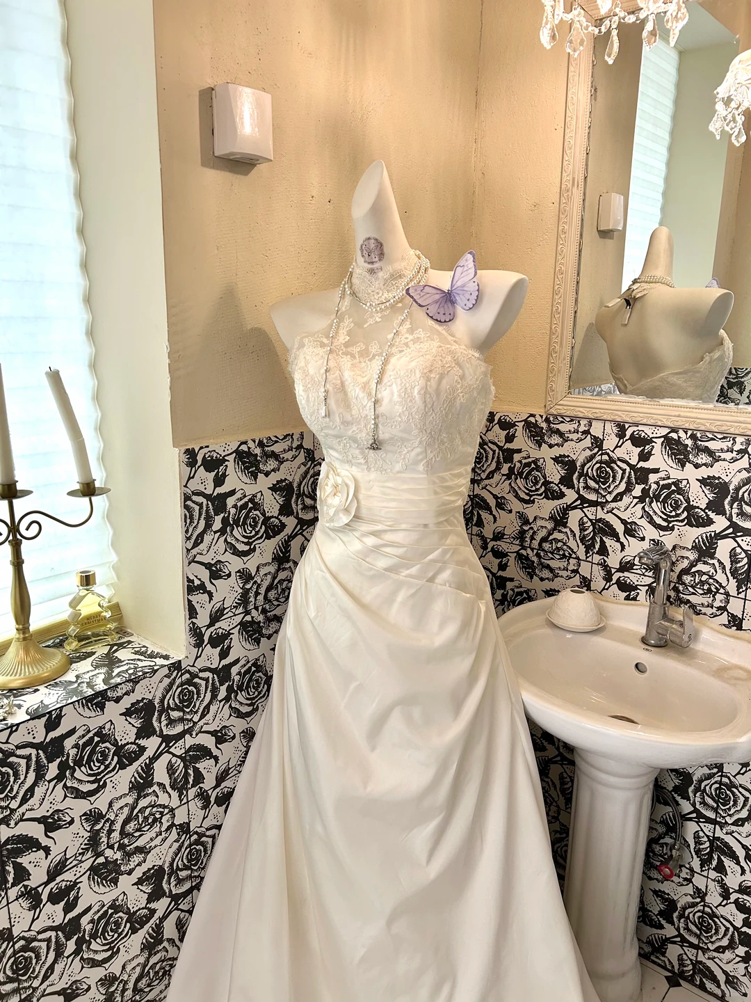 White Halter Lace Waist-Cinched Pleated Figure-Flattering A-Line Skirt Long Romantic Dress, Wedding Gown gh7769