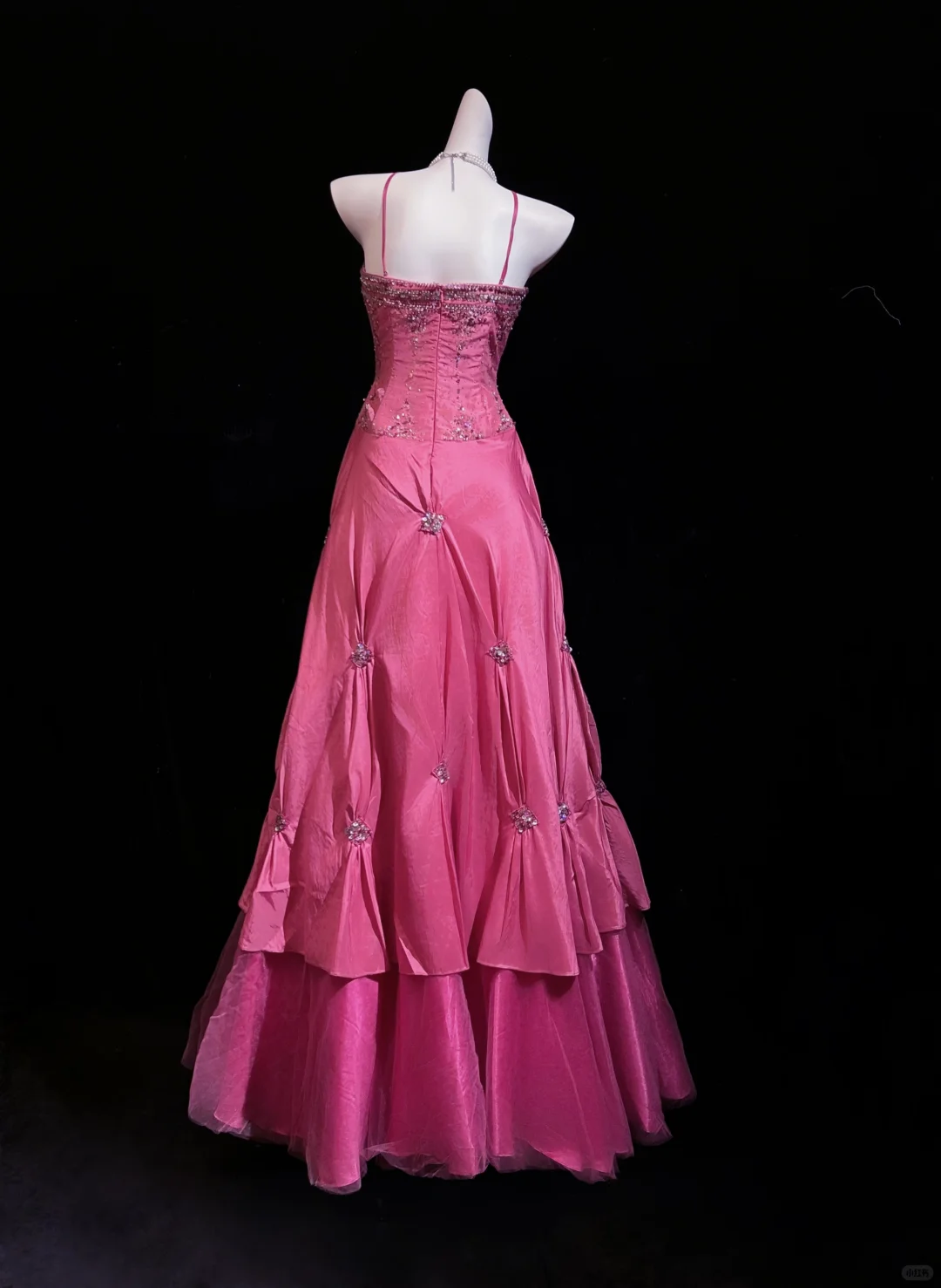 ✨Girlhomeshops-Hot Pink Sweetheart Beaded Corset Taffeta Tiered Prom Gown gh10283
