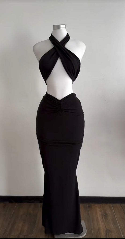 Schwarzes sexy langes Satin-Abendkleid, Cocktailpartykleid, gh4939