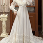 Ivory Vintage Pleated Tulle Wedding Prom Dress, Lace High Neck Illusion V‑Neck, Puff Long Sleeves, Floral Lace Appliqués, High Waist, Multi‑Tier Lace Long Train gh8681