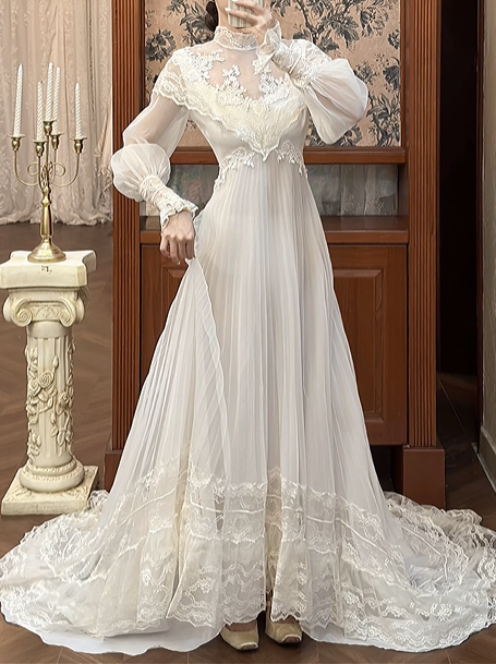 Ivory Vintage Pleated Tulle Wedding Prom Dress, Lace High Neck Illusion V‑Neck, Puff Long Sleeves, Floral Lace Appliqués, High Waist, Multi‑Tier Lace Long Train gh8681