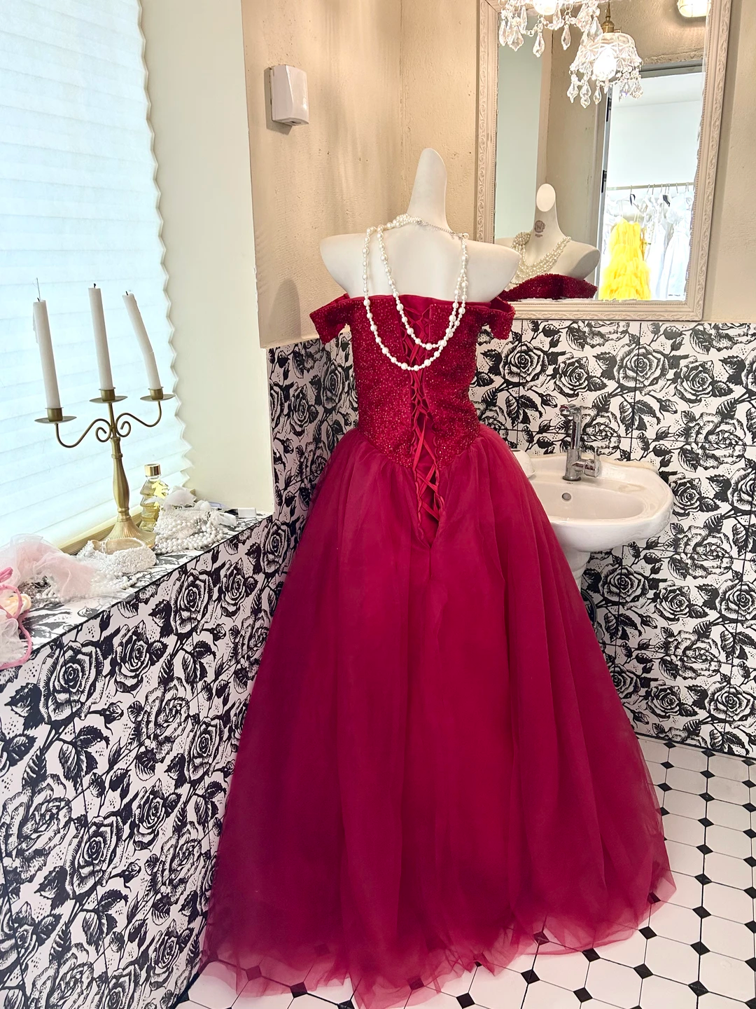Red Off-the-Shoulder Rhinestone Cinched Waist Voluminous Skirt Long Romantic Dress, Wedding Gown gh7808