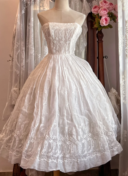 White Vintage Strapless Embroidered Midi Gown, A-Line Party Dress gh9306