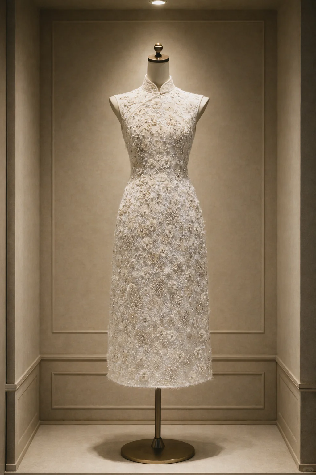 ✨Girlhomeshops-Ivory Sleeveless Beaded Qipao with 3D Floral Pearl Sequin gh10516