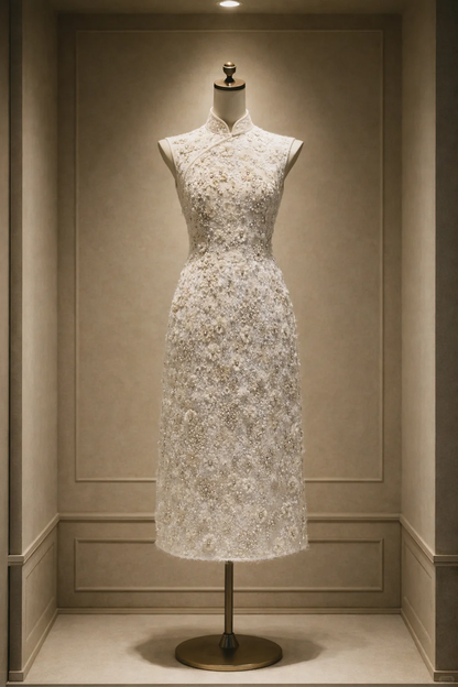 ✨Girlhomeshops-Ivory Sleeveless Beaded Qipao with 3D Floral Pearl Sequin gh10516