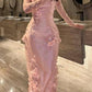 Pink Handmade Floral Long-Sleeved Satin Evening Gown gh7076