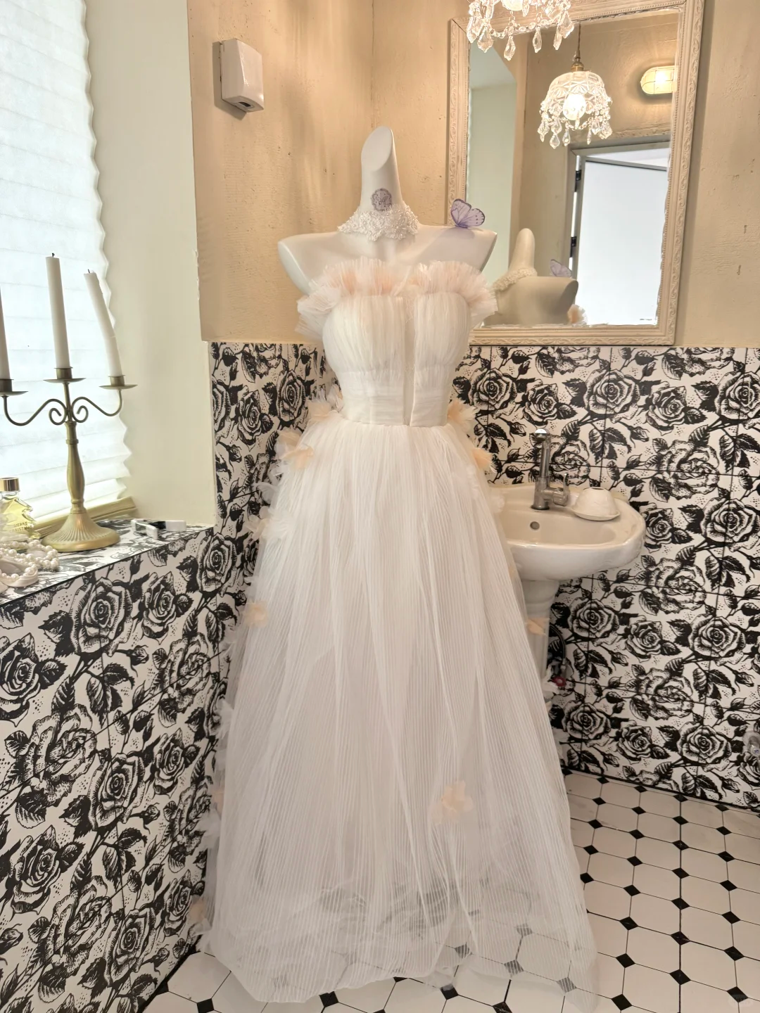 Light Pink Strapless Cinched Waist A-Line Skirt Long Romantic Dress, Wedding Gown gh7790