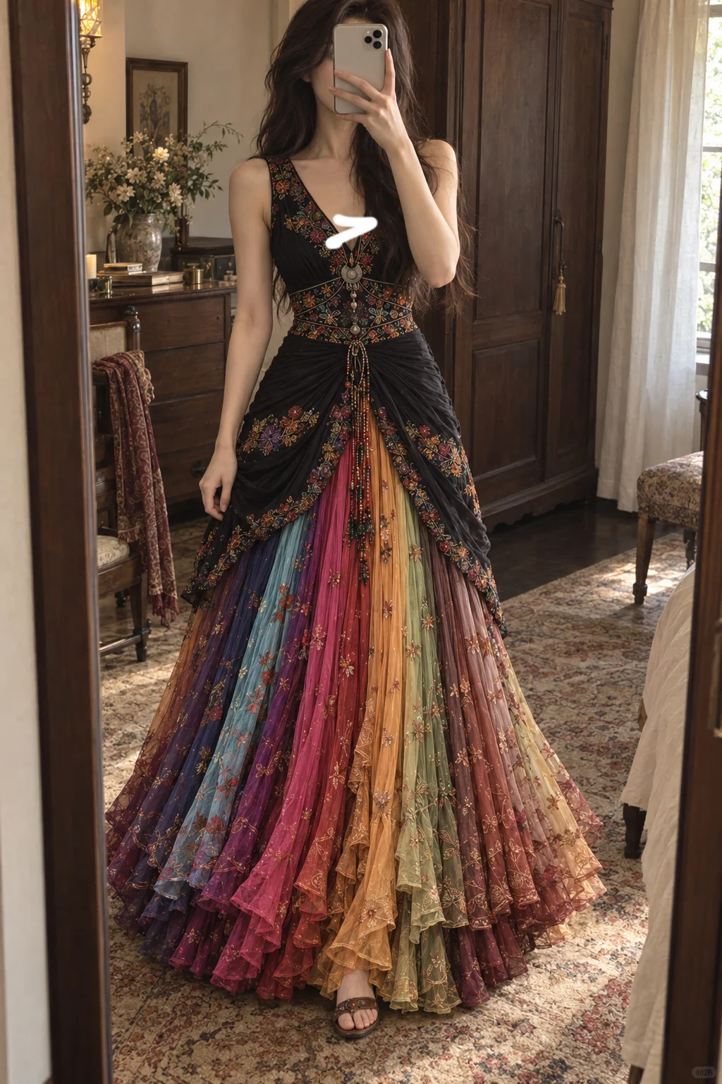 ✨Girlhomeshops-Boho V Neck Floral Embroidered Rainbow Gradient Ruffle Tulle Long Dress gh10286