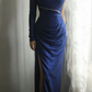 Royal Blue One‑Shoulder Long Sleeve Evening Gown, Mesh Cutout Waist Draped Ruched High Slit Metallic Formal Party Dress gh9112