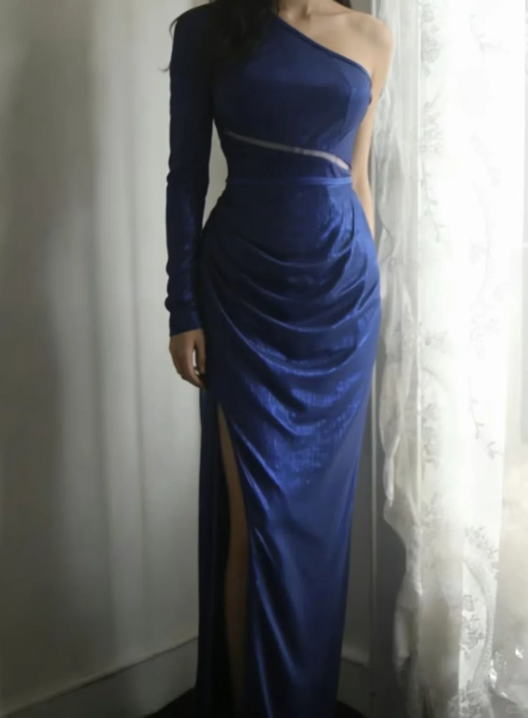 Royal Blue One‑Shoulder Long Sleeve Evening Gown, Mesh Cutout Waist Draped Ruched High Slit Metallic Formal Party Dress gh9112