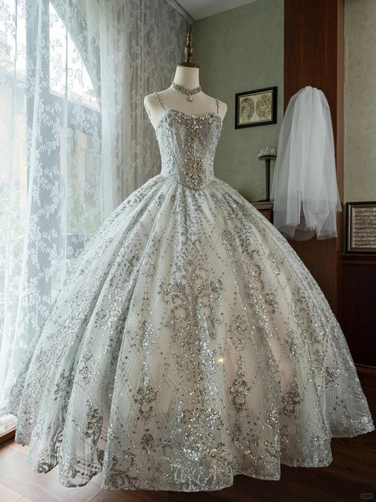 White shiny luxury gorgeous princess exquisite gemstone beads fashionable and elegant long tulle floor-length ball gown evening gown graduation gown adult ceremony gown wedding dress gh3843