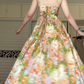 Cartoon Floral Print Spaghetti Strap Midi Prom Dress, Lace Trim Square Neck Tiered Swing Formal Party Gown gh9019