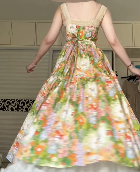 Cartoon Floral Print Spaghetti Strap Midi Prom Dress, Lace Trim Square Neck Tiered Swing Formal Party Gown gh9019