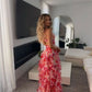 Hot Red Floral Print A-Linie Rückenfrei Rüschen Lange Chiffon Elegante Sexy Ballkleid Abendkleid Partykleid gh3185