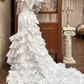 White Vintage Satin Mermaid Wedding Gown, V‑Neck Big Puff Short Sleeves, Sheer Lace Embroidered Long Sleeves, Full‑Body Lace Appliqués Fitted Mermaid Silhouette, Multi‑Layer Ruffle Tiered Mermaid Skirt, Prom & Wedding Dress gh8670