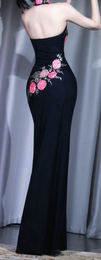 ✨Girlhomeshops-Halter Floral Beaded Prom Dress, Black Keyhole High Slit Mermaid Evening Gown gh9944