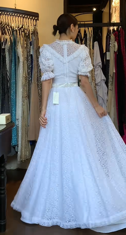 White Vintage Lace Evening Gown High Neck Puff Sleeve A-Line Long Wedding Guest Prom Dress gh9723