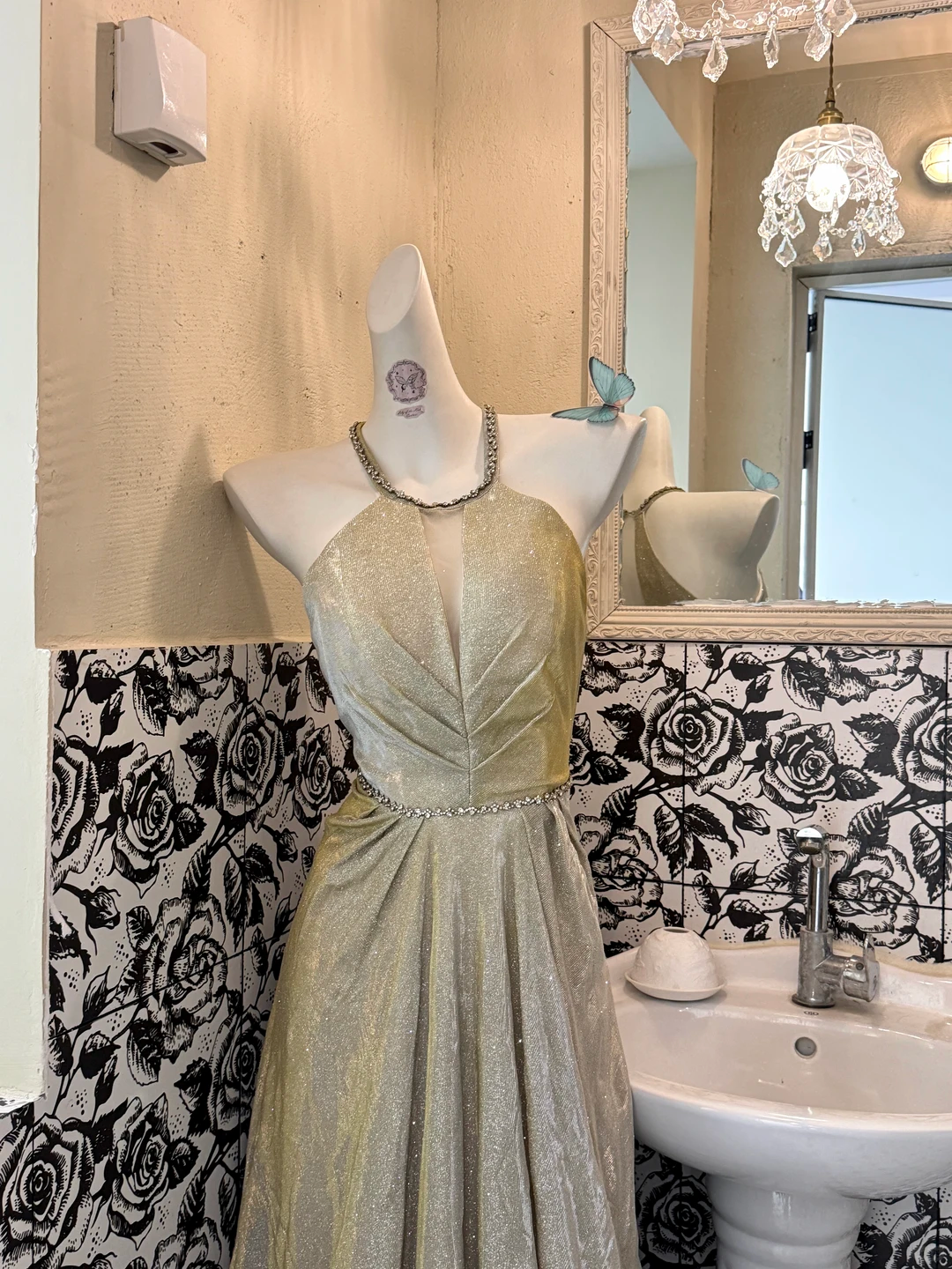 Light Sage Green Halter Waist-Cinched Full Flared Skirt Elegant Romantic Dress gh7609