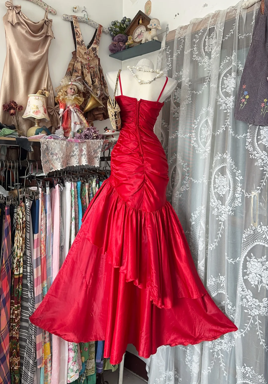 Red Spaghetti Strap Waist Slim Retro Long Ball Gown Evening Dress gh7115