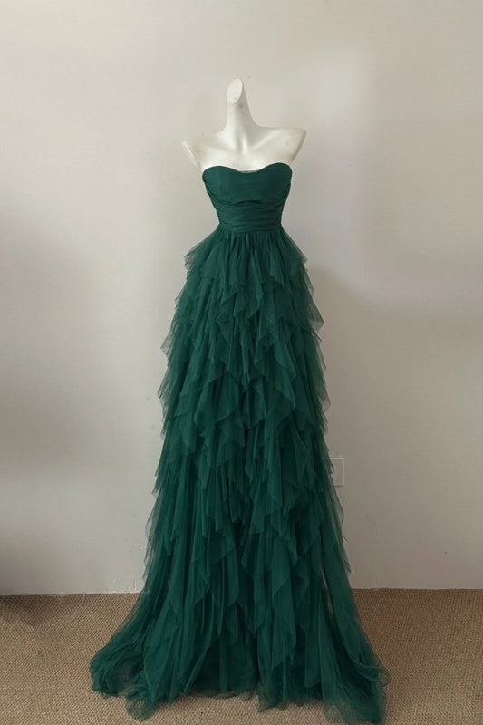 Girlhomeshops--Green fashionable long tulle ruffle prom dress gh5474