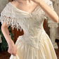 Off‑White Vintage Palace‑Style Neckline Fitted Waist Embroidered Full Flared Skirt Long Prom Gown, Wedding Dress gh8599
